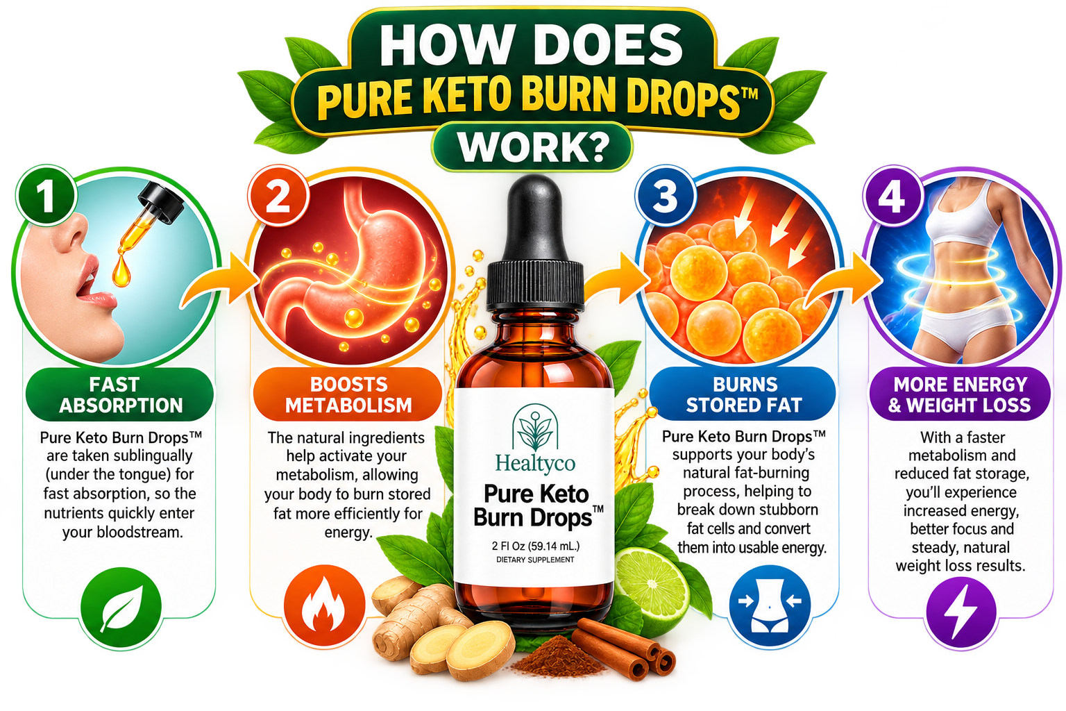 Four-stage graphic explaining how Pure Keto Burn Drops work